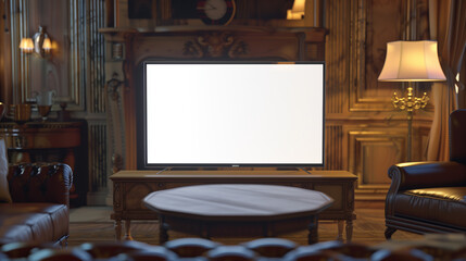 Mock up TV with blank screen placed beautifully on a traditional table. With a design that contrasts modern technology and a classic feel, Ai Generated Images
