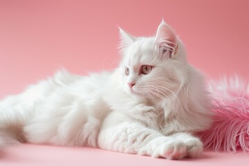 Obraz premium white furry cat on a pink background
