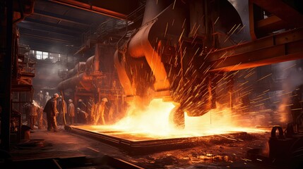 production molten steel mill illustration furnace industry, metal manufacturing, casting machinery production molten steel mill - obrazy, fototapety, plakaty