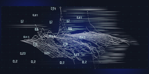Abstract background grid polygonal wireframe graph with circles and data lines on dark blue. Technology graph concept in virtual space. Big Data. Banner for business, science and technology.