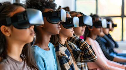 Fototapeta na wymiar Multiethnic students using VR headsets in school