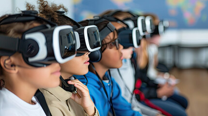 Multiethnic students using VR headsets in school