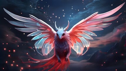 lovely phoenix with colors ranging from spectrum to Sweet tiny bluebird. adorable birds and animals. Sign of the spring. Good fortune, owl. glow and bokeh, nature, silhouette, cartoon, bird, dove, - obrazy, fototapety, plakaty