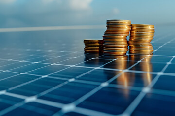 Money saved by using energy with solar panel, stack of coins on a photovoltaics panel (2) - obrazy, fototapety, plakaty