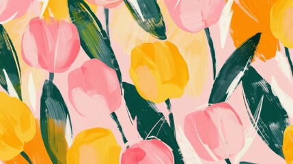 A painting of pink and yellow tulips on a pink background