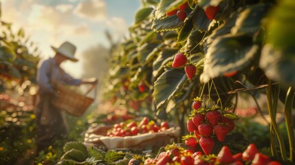 A farmer picking strawberries in a field