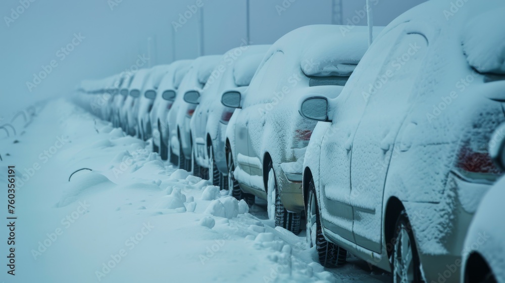 Sticker A row of parked cars covered in snow