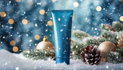 Fototapeta na wymiar Festive Beauty: Blue Tube Cosmetic Product Mockup on Christmas Background with Falling Snow