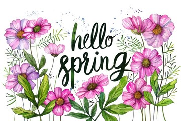 Handwritten "hello spring" Flower like a bouquet with leaves on a white background