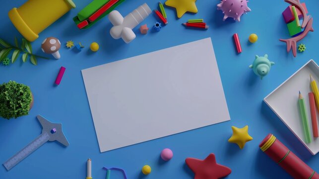 A blue background with a white sheet of paper surrounded by toys