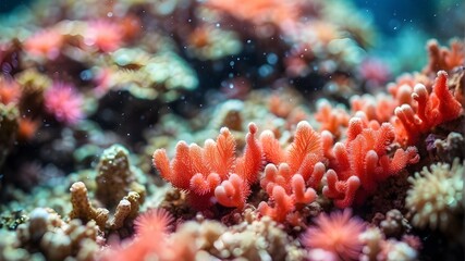 Naklejka na ściany i meble Coral reef in the sea, underwater scene of corals and sea anemones A vibrant ecosystem of coral reefs View from Above the Water, Admire the symmetrical coral reefs' exquisite designs.
