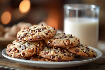 A plate of cookies with chocolate chips and nuts on a table. A bite mark and a milk glass on the...