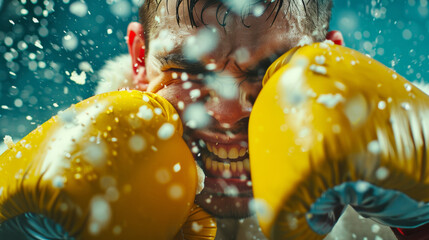 Close up portrait of a young boxer wearing boxing gloves in the rain. - obrazy, fototapety, plakaty