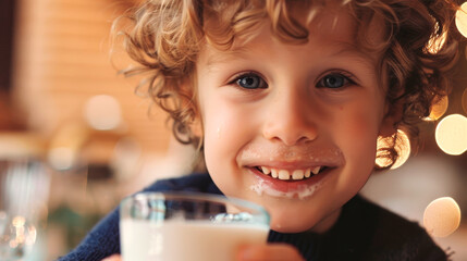 Funny happy laughing curly-haired kid in a blue sweater with a glass of milk.