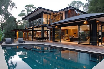 Fototapeta premium An Australian suburban craftsman house with a mix of materials, large glass panels, and a poolside deck for seamless indoor-outdoor living.