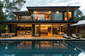 An Australian suburban craftsman house with contemporary elegance, showcasing a mix of materials - obrazy, fototapety, plakaty