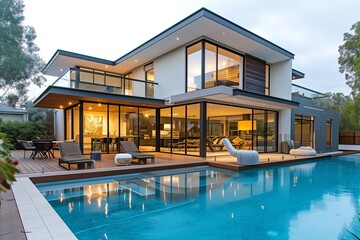 Fototapeta premium An Australian suburban craftsman house with contemporary elegance, showcasing a mix of materials