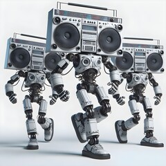 Dancing music robot loudspeaker with retro boombox on plain background