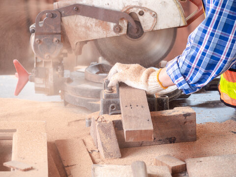 The carpenter craftsman wearing safety gear working with hardwood using a miter saw to cut a piece of wood in the workshop. Manufacture of wood products.. - Powered by Adobe