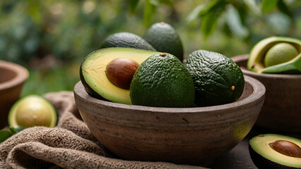 Avocado Harvest in a Bowl on Garden Background Selection 1 for Generative AI

