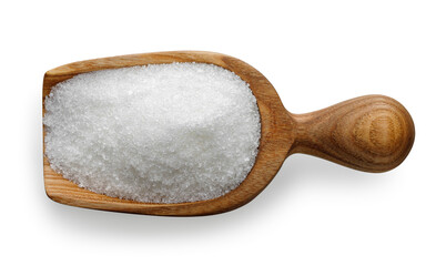 sugar in scoop isolated on white top view