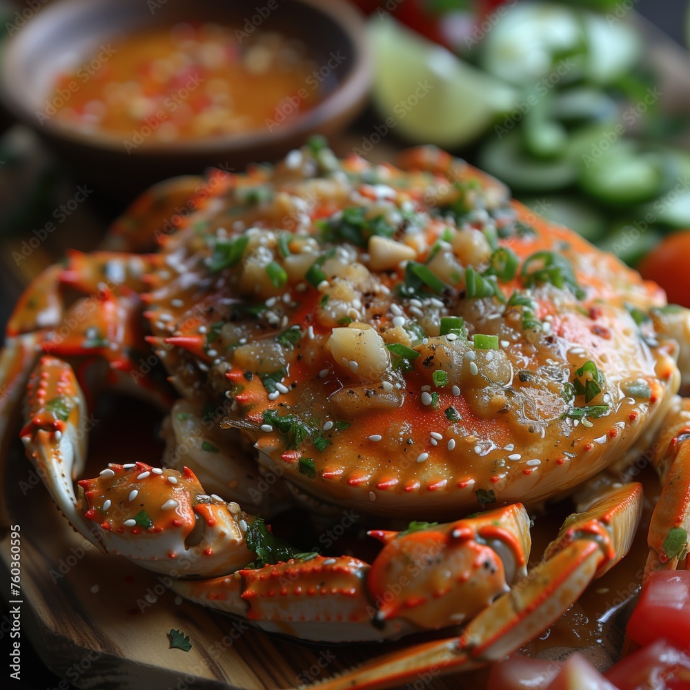 Wall mural cooked crab in sauce on a plate