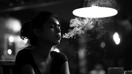 A woman sits relaxed in the smoking area while inhaling her cigarette smoke deliciously. In a quiet room atmosphere, Ai generated Images - obrazy, fototapety, plakaty
