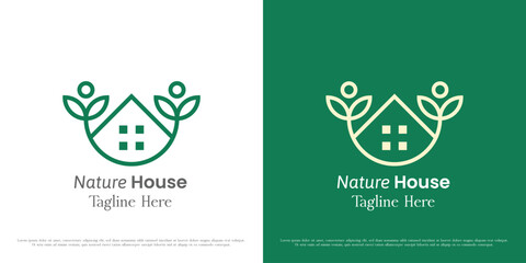 Eco friendly house logo icon. Silhouette linear line cabin building nature plant green leaves. Minimal clean minimalist illustration design of petal grow evergreen foliage sprout tree bio home.