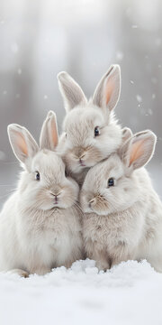 Three baby rabbits stacked in snow, showing ears and whiskers