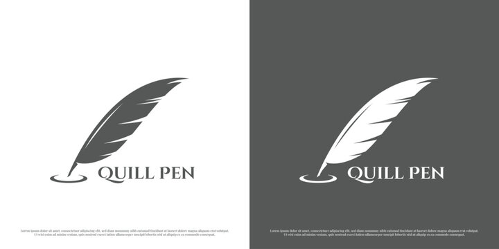 Simple quill pen logo icon. Silhouette quill pen ink author writer lettering abstract inkwell feather fur black message book mail. Illustration of a royal design symbol vintage old luxury elegant art.