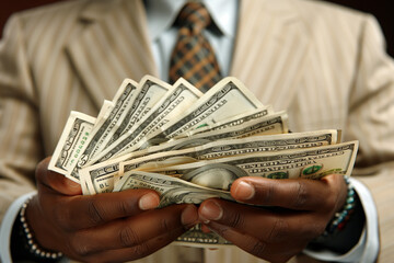 Close-Up Image of Businessman Displaying a Spread of Cash