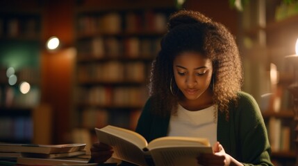 A young African-American girl, student, schoolgirl reads a book for education, exams, studies, scientific research in a university, college Library. Education, Literature, Hobbies and Leisure concepts - obrazy, fototapety, plakaty