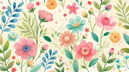 Seamless floral pattern with colorful flowers and leaves. Vector