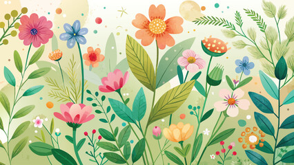 waterolor Floral background with flowers, leaves and plants. Vector