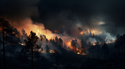 nature disaster fire burning destruction of wildlife with smoky sky background - obrazy, fototapety, plakaty