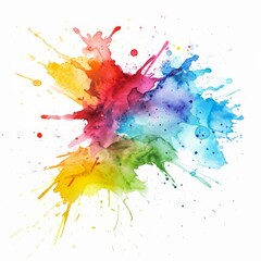 Vibrant watercolor splash in rainbow hues on a white background, expressing creativity and artistic expression.