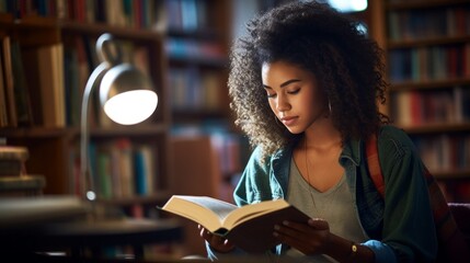 A beautiful Young African American girl, Student, schoolgirl reads a book for education, exams, studies, scientific research in the university, college Library. Education, Literature, Hobbies concepts - obrazy, fototapety, plakaty