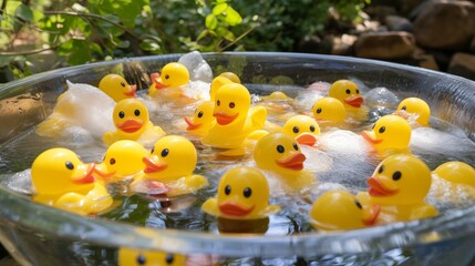 Cheerful rubber duckies floating in a clear water-filled basin, creating a delightful scene. - obrazy, fototapety, plakaty
