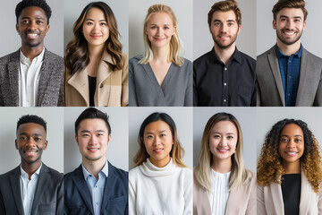 Smiling Men and Women Multiple Headshots on White Background, Looking at the Camera with Joy