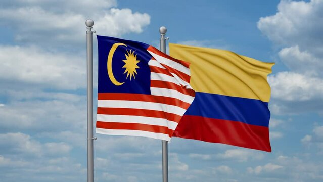 Colombia and Malaysia two flags waving together, looped video, two country cooperation concept