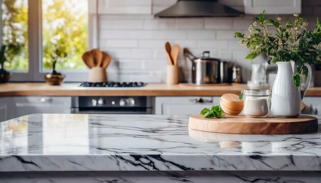Contemporary Presentation: Marble Counter Tabletop Mockup on Kitchen Background