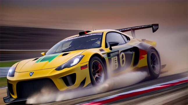 A race car is speeding down a track with smoke coming out of its back. The car is in the middle of a curve, and the driver is likely taking a sharp turn. Concepts of excitement and adrenaline
