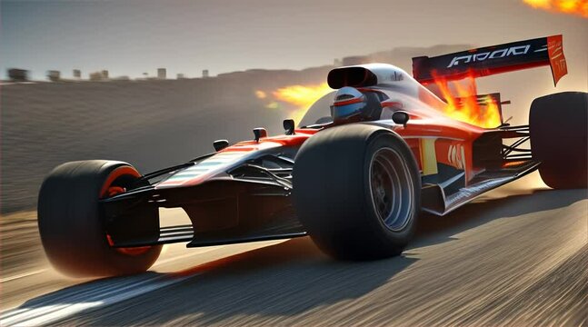 A race car is speeding down a track with smoke coming out of its back. The car is in the middle of a curve, and the driver is likely taking a sharp turn. Concepts of excitement and adrenaline