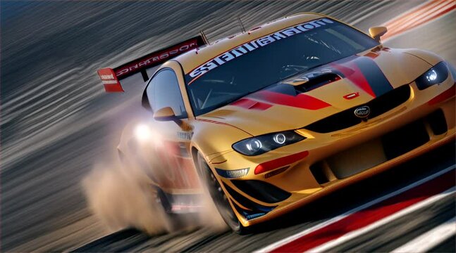 A race car is speeding down a track with smoke coming out of its back. The car is in the middle of a curve, and the driver is likely taking a sharp turn. Concepts of excitement and adrenaline