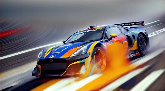 A race car is speeding down a track with smoke coming out of its back. The car is in the middle of a curve, and the driver is likely taking a sharp turn. Concepts of excitement and adrenaline