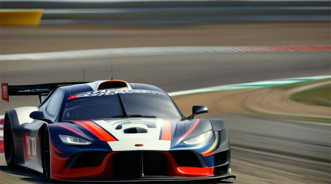 A race car is speeding down a track with smoke coming out of its back. The car is in the middle of a curve, and the driver is likely taking a sharp turn. Concepts of excitement and adrenaline