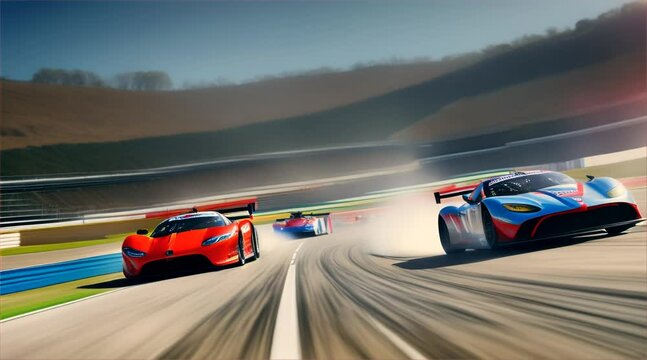 A race car is speeding down a track with smoke coming out of its back. The car is in the middle of a curve, and the driver is likely taking a sharp turn. Concepts of excitement and adrenaline
