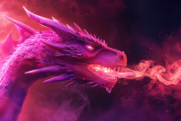 Pink dragon breathing fire on dark background - obrazy, fototapety, plakaty