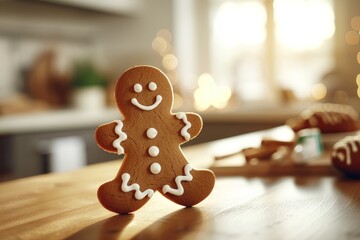 A happy gingerbread man on the kitchen table
