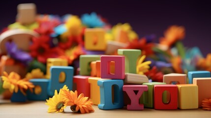 Colorful alphabet blocks forming the word "joy" in a charming arrangement.